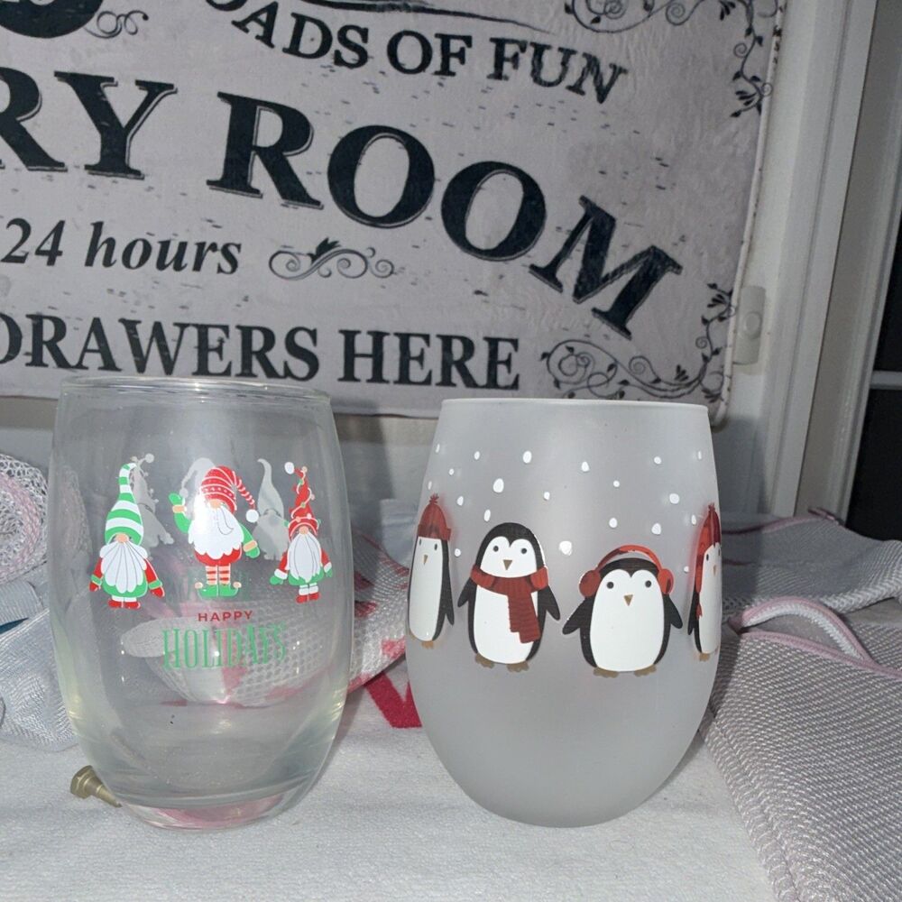 2-Piece Stemless Wine Glass Set Holiday/Christmas Penguin & Gnome Decorated